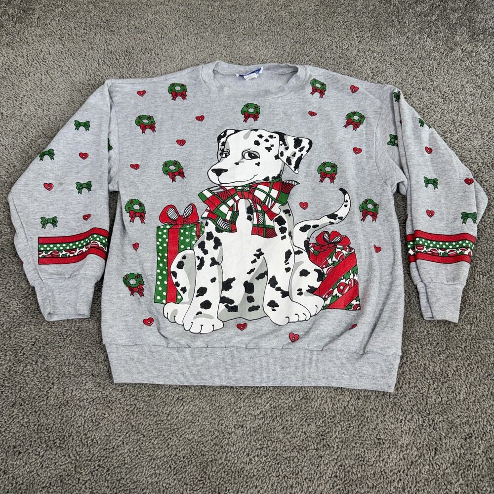 Vintage Karen Blake Sweatshirt Womens Large Gray Dalmatian Christmas Dog 90s